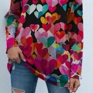 Sakurafina Heart Top Womens L Colorful V-Neck Long Sleeve Love Valentines‎ Day